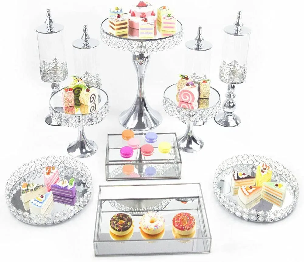 TFCFL 11 PCS Silver Cake Stand Set Crystal Cupcake Dessert Plate Display Tower Mirror Cake Holder Cupcake Stands for Wedding Afternoon Tea Birthday Party