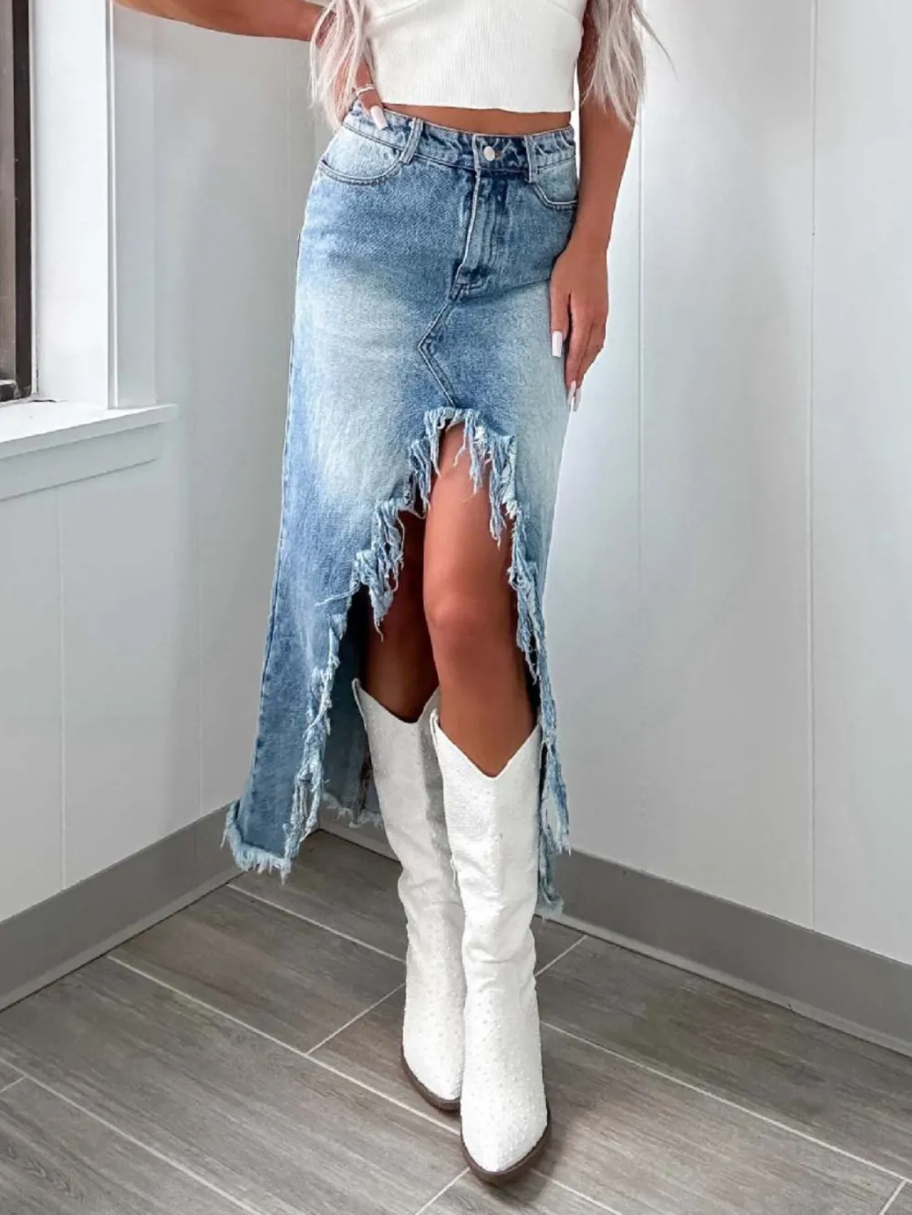 High Waist Raw Hem Skirt