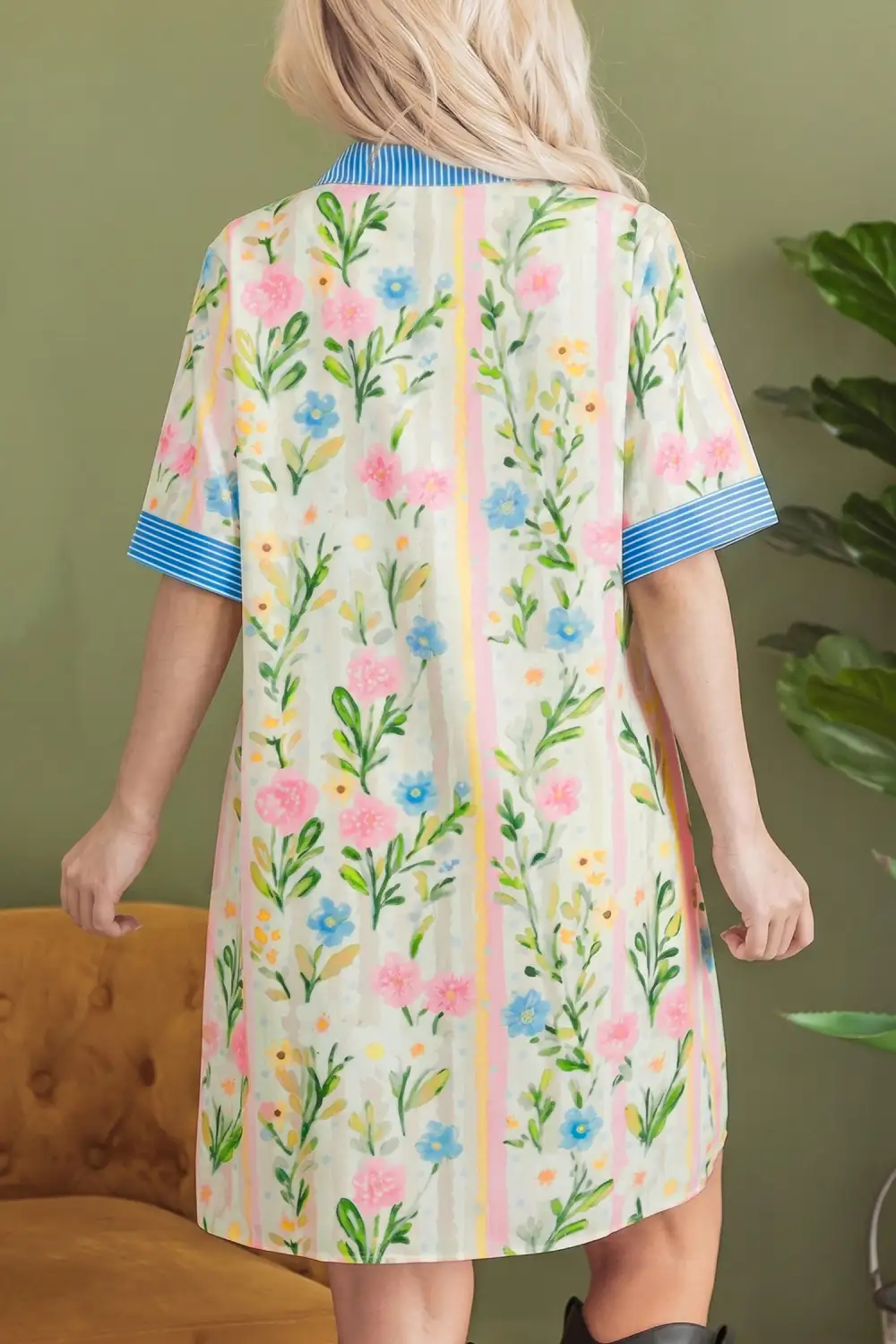 Multicolour Floral Print Striped Trim Button Down Shift Dress