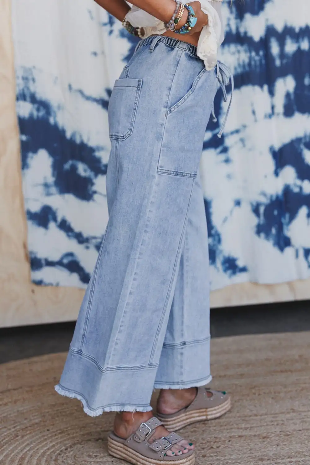 Laid Back Drawstring Seam Detail Raw Hem Wide Leg Denim Pants