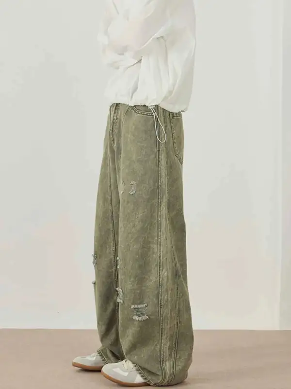 Washed Wide Leg Distressed Pants