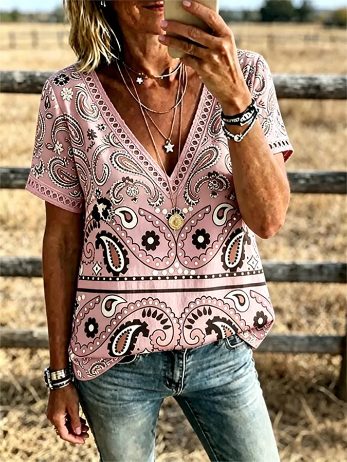 Women's Paisley Print V Neck Trim Short Sleeve Boho Western Shirt