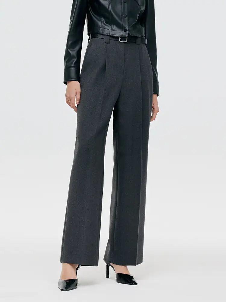 Worsted Wool Women Wide Leg Pants With Leather Belt