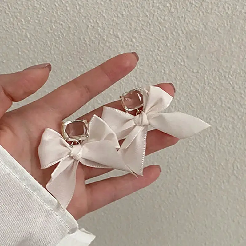 Sweet Lace Bow Pearl Tassel Fabric Stud Earrings