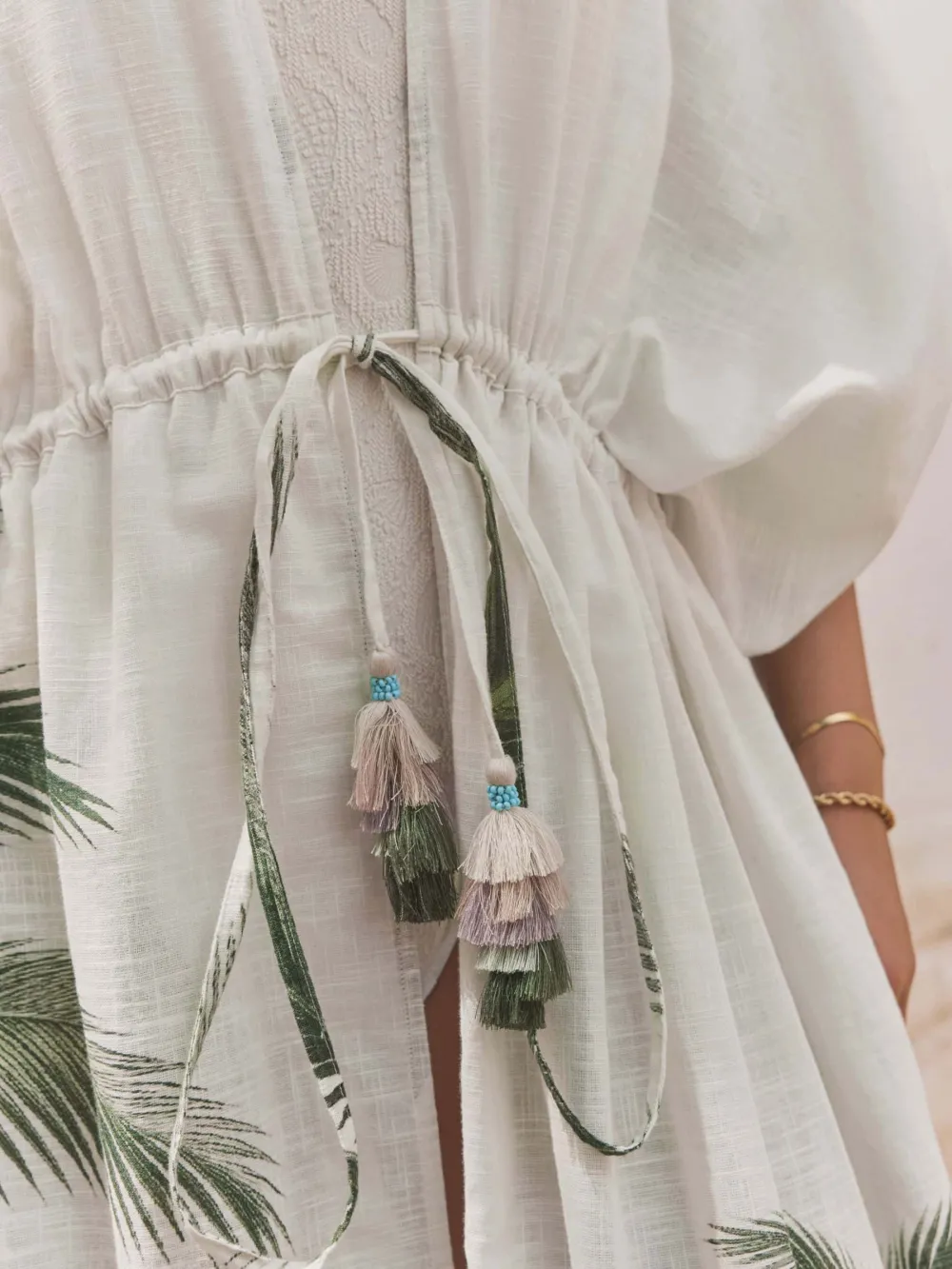 Beige Long-Sleeved Tie Waist Kimono Cardigan