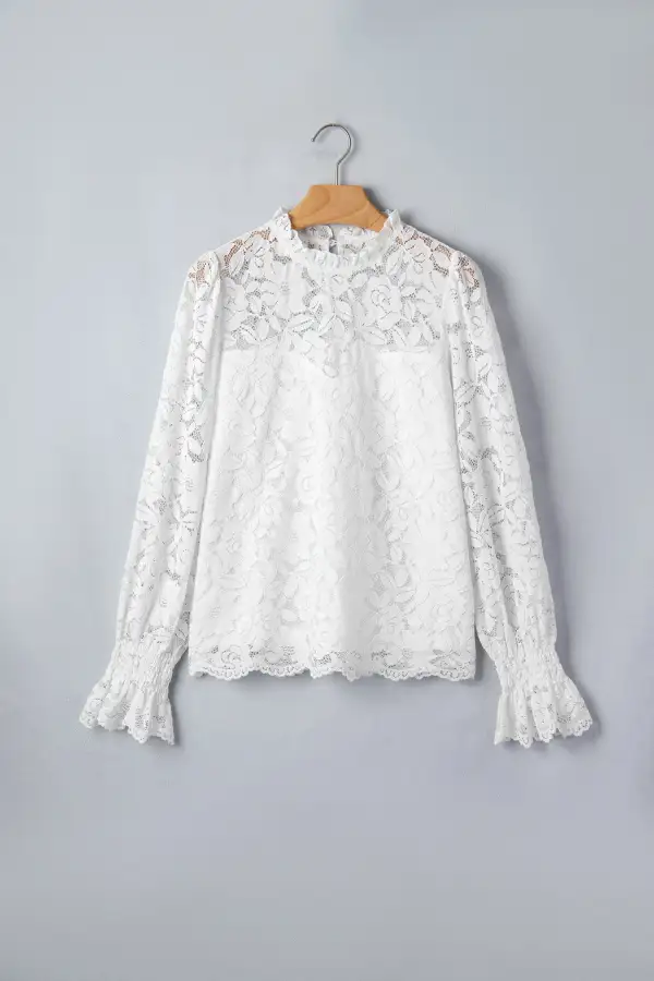 White Ruffled Round Neck Long Flounce Sleeve Sheer Lace Blouse