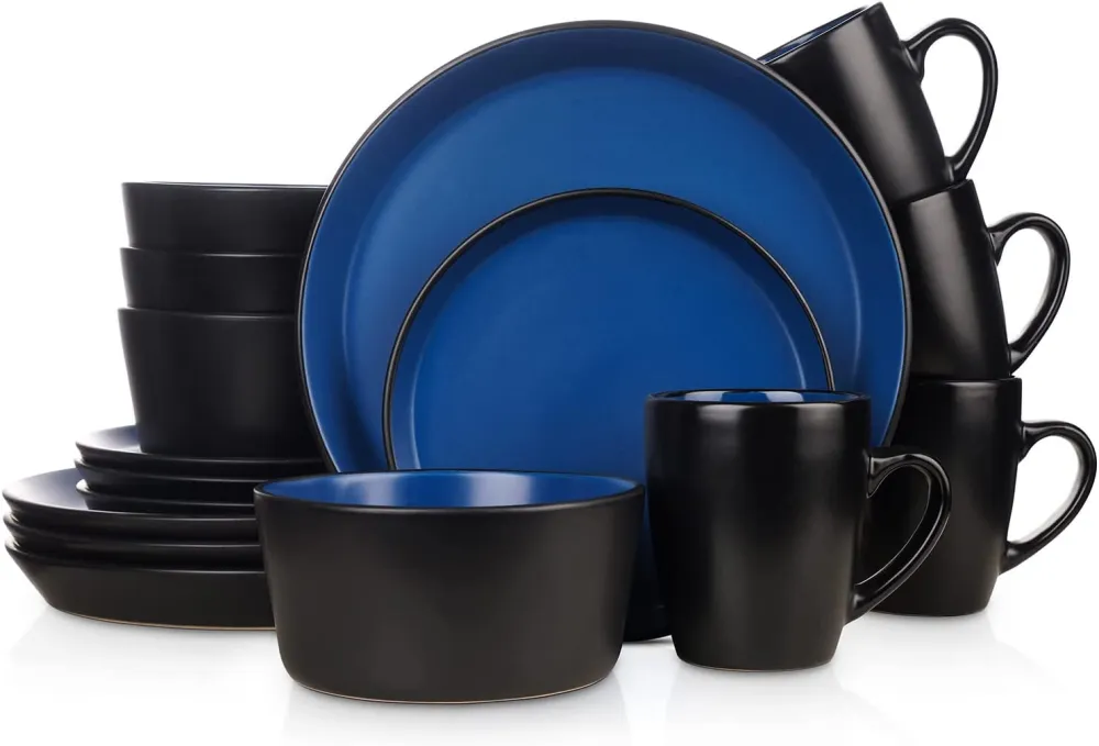 Stone Lain 32 Piece Glazed Stoneware Dinnerware Set, Service 8, Blue and Black