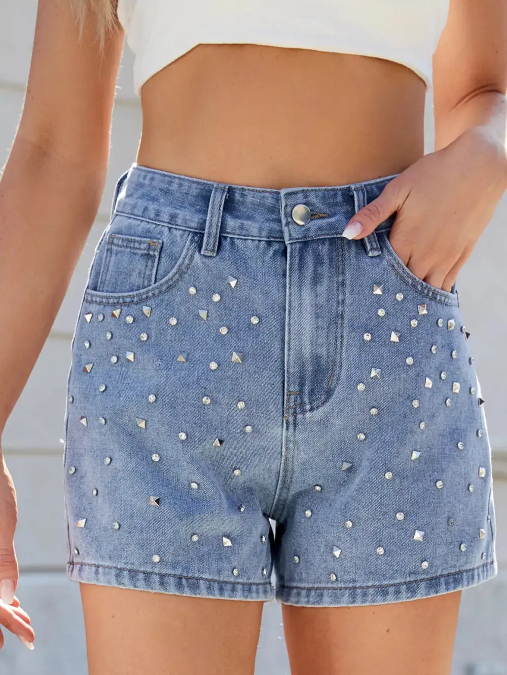 Studded High Waist Denim Shorts