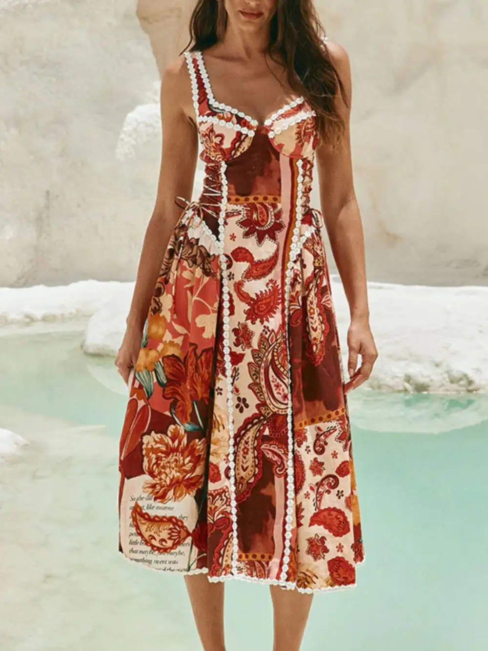 Paisley Print Lace Midi Dress