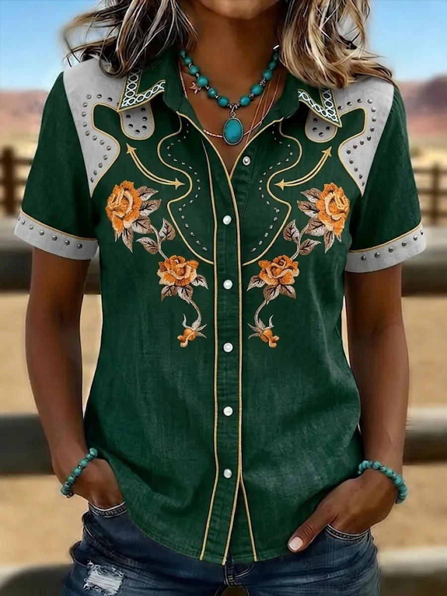 Women'S Retro Western-Style Print Short-Sleeved Shirt