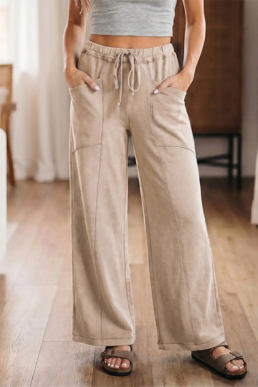 Drawstring High Neck High Waist Wide Leg Pants