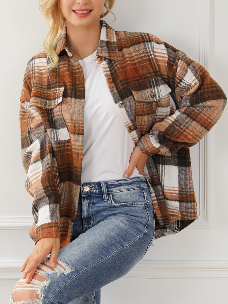 Brown Plaid Flap Pockets Shacket