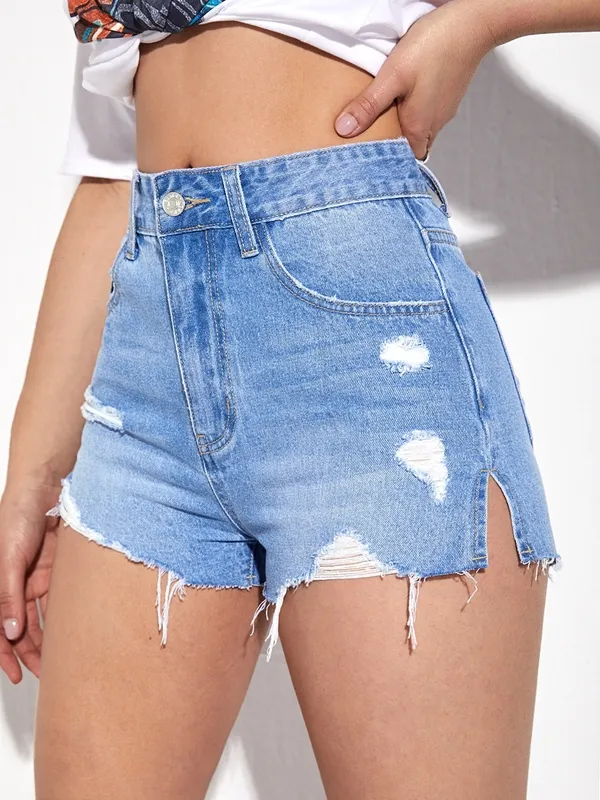 Women's Split Ripped Raw Hem Pocket Zipper Crop Shorts