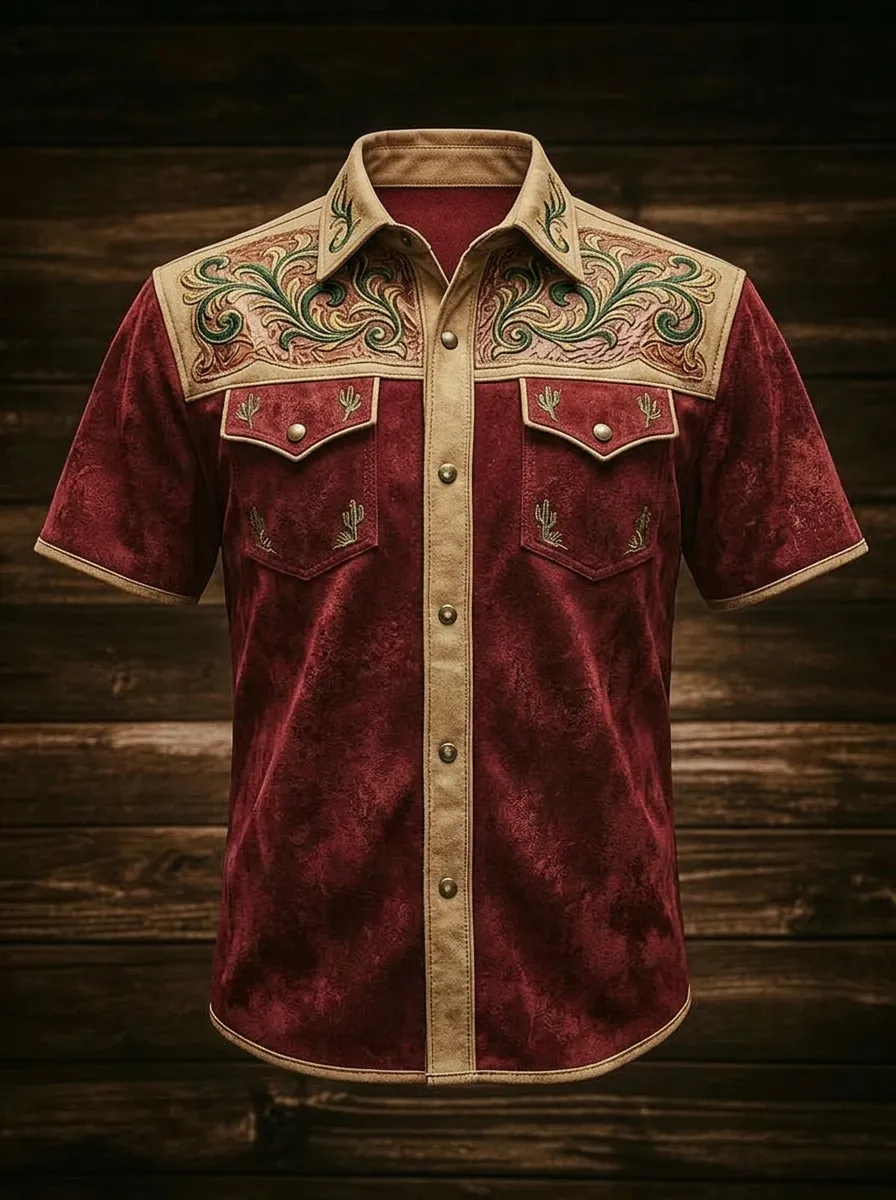 Men's Western Cowboy Cactus Floral Embroidered Printed Shirt