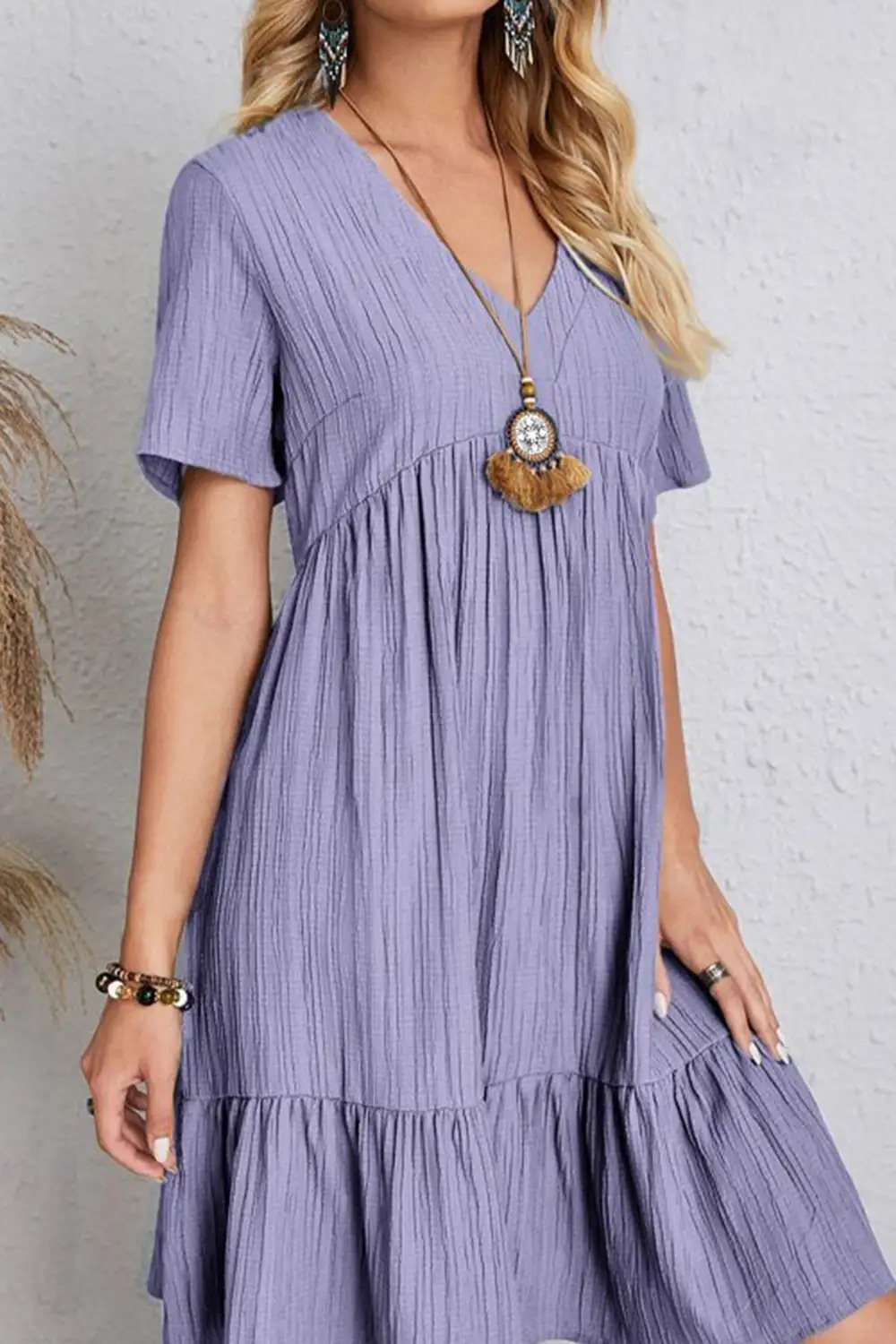 Boho Chic  Plus Size Ruched V-Neck Short Sleeve Dress