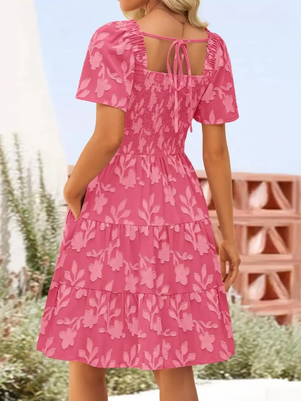 Square Neck Tiered Smocked Mini Dress
