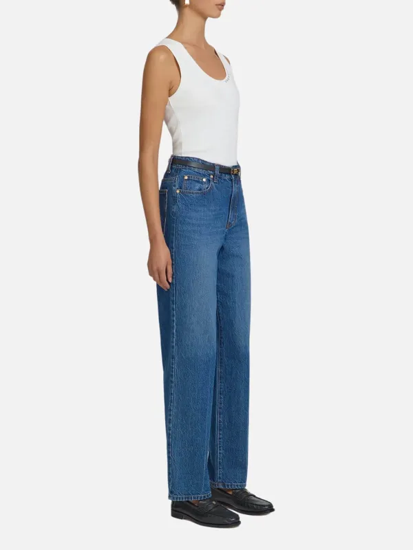 Washed Straight Jeans with Leather Patch