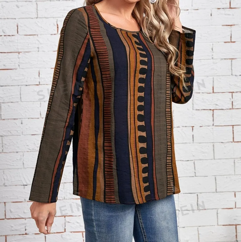 Women's Striped Geometric Round-Neck Blouse