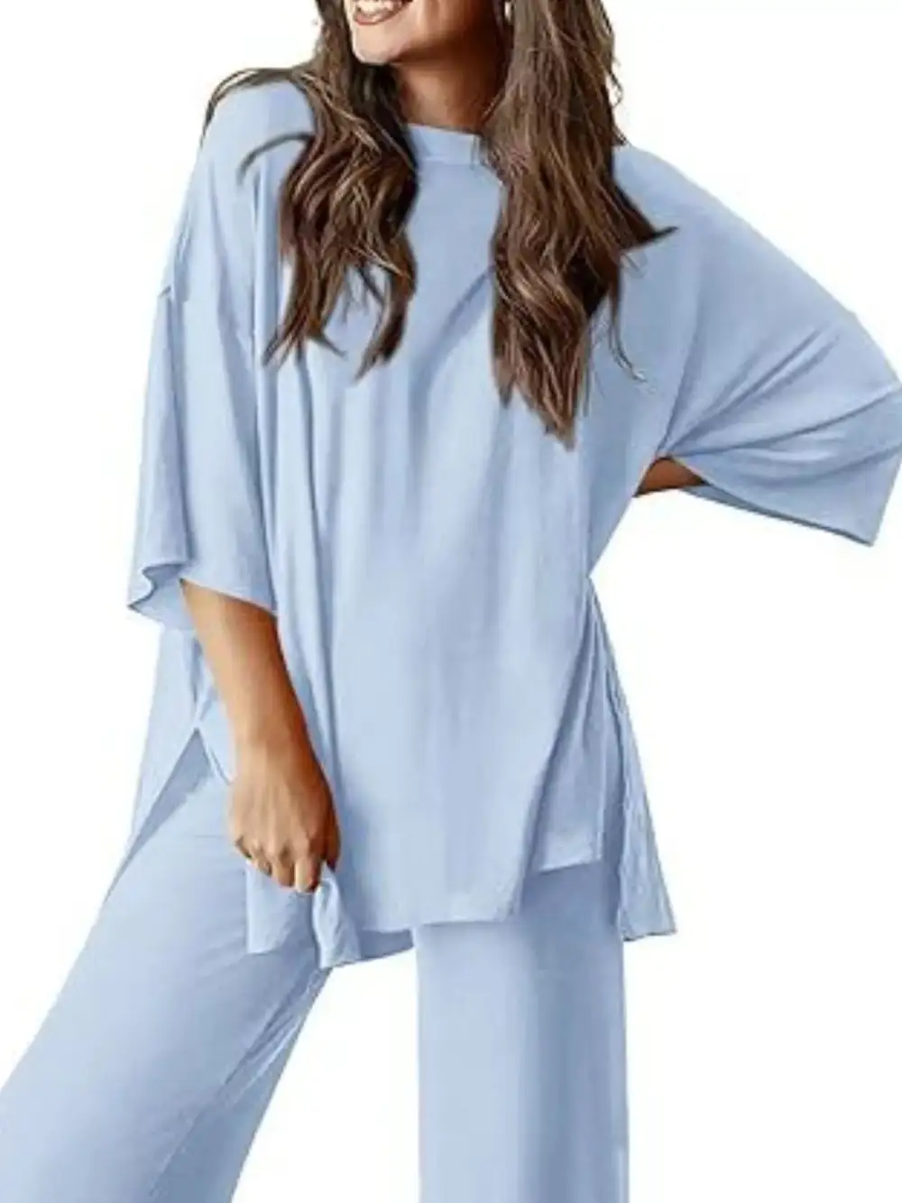Relaxed Fit Round Neck Top and Pants Two Piece Set