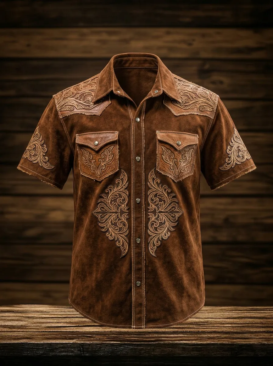 Men's Western Style Floral Embossed Suede Printed Shirt