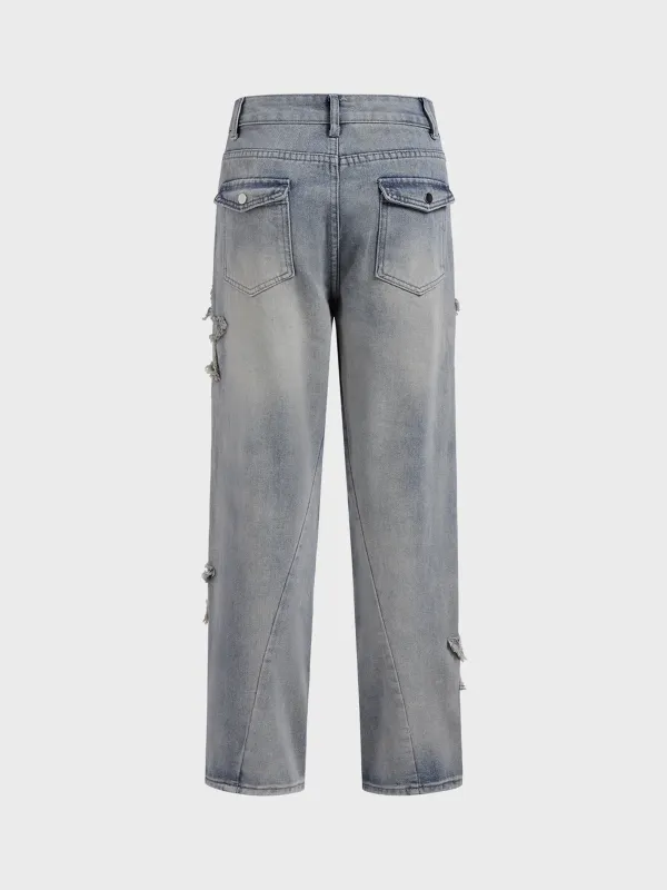 Denim Raw Edge Embroidery Star Straight Jeans