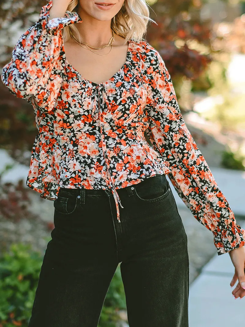 Flower pattern lace up casual top