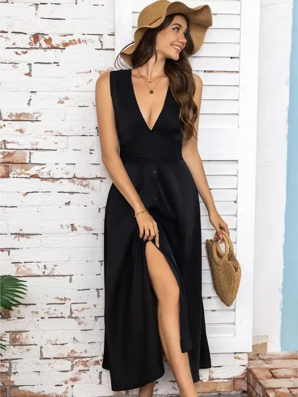 GYPSY-V-Neck Sleeveless Midi Dress