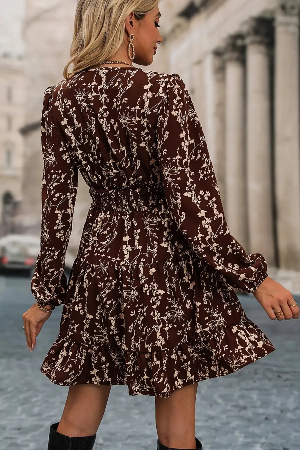 Ditsy Floral Print Split Neck Long Sleeve Shirred Waist Flared Mini Dress