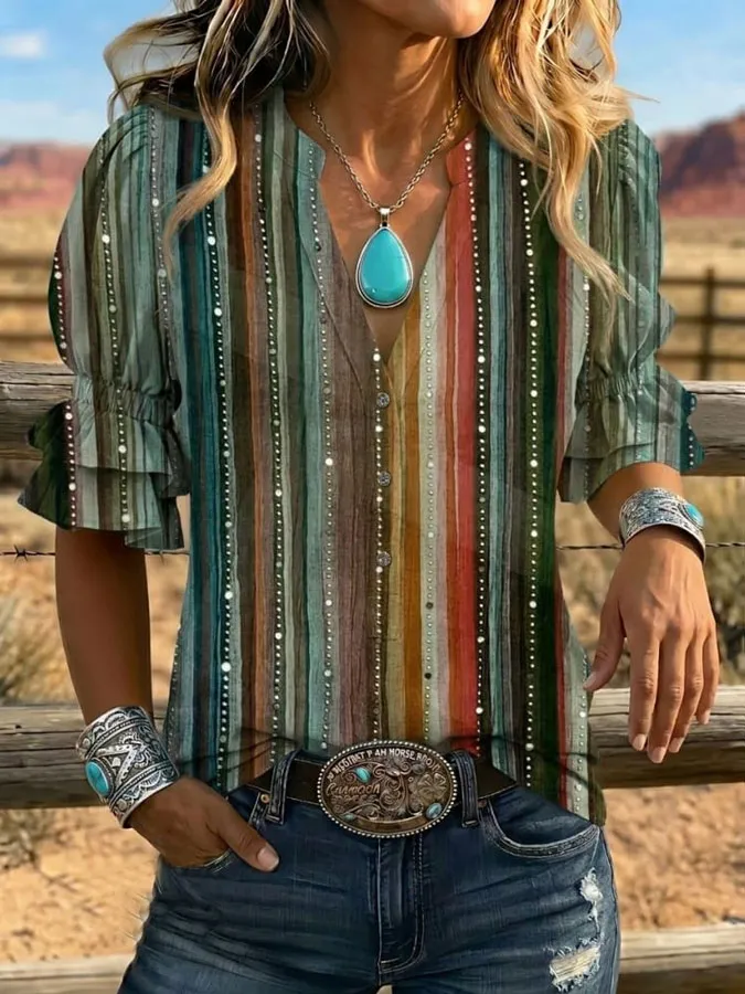 Women'S Contrasting Art Bubble Sleeve Casual Shirt