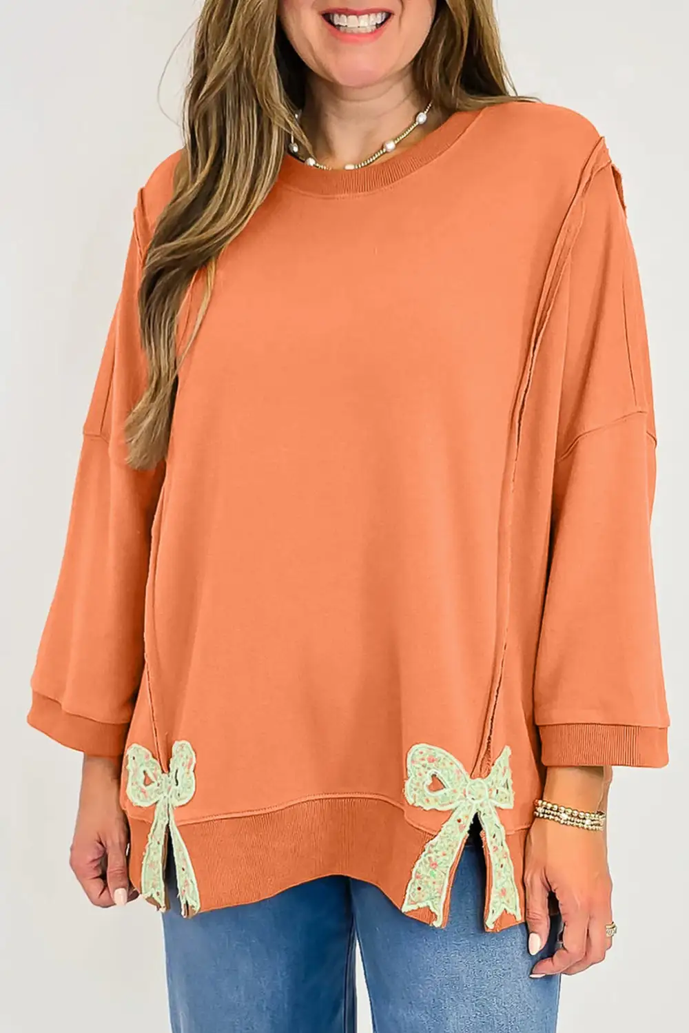 Easygoing Relaxed Floral Bow Accent Patchwork Sweatshirt