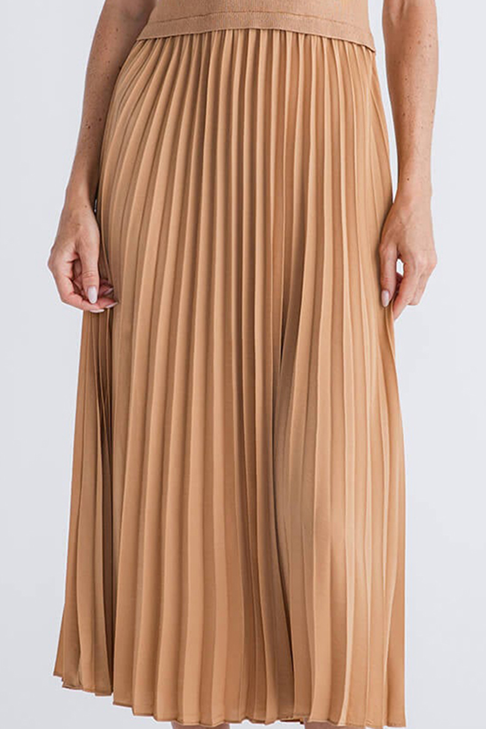 Skies Are Blue Pleated Contrast Mock Neck Dress - tan