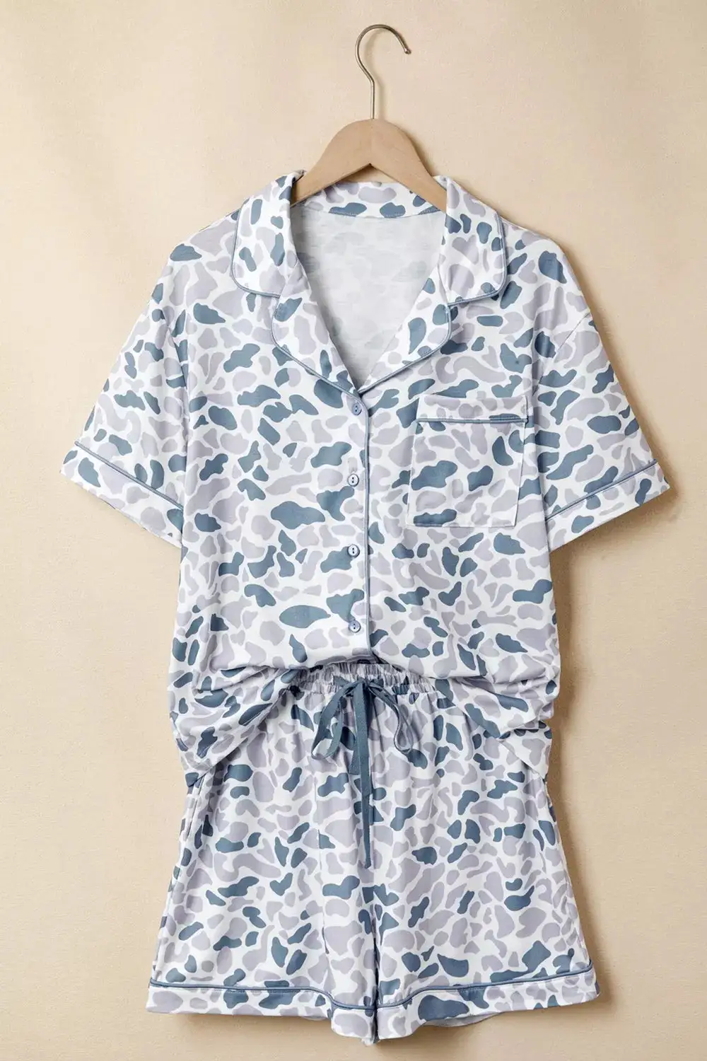 Camouflage Print Lapel Shirt Drawstring Pcs Short Pajama Set