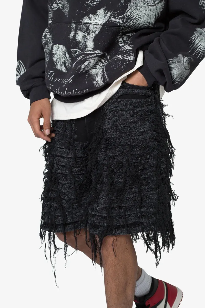 BLACK ALL OVER DISTRESSED DENIM SHORTS