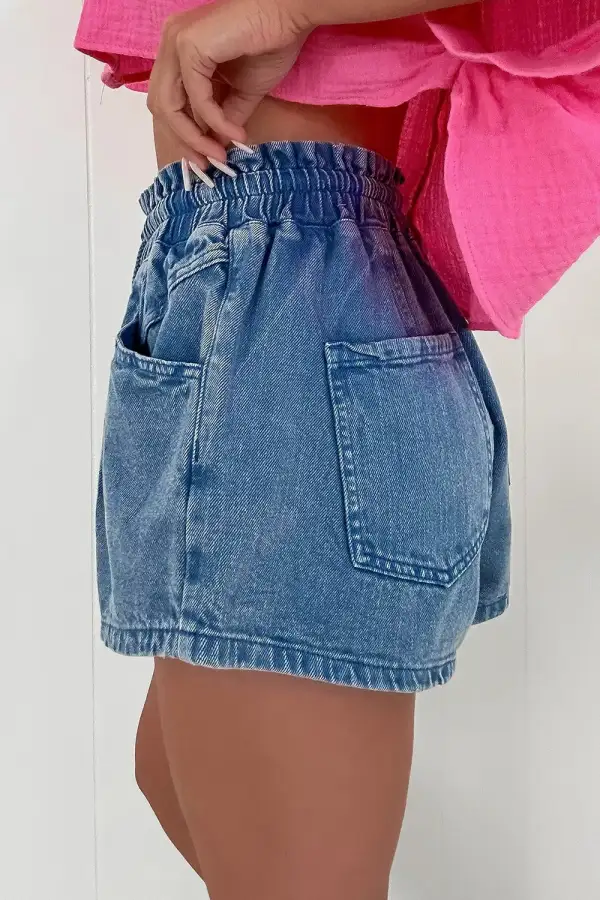 High Waist Drawstring Denim Shorts With Pockets