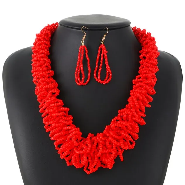 European and American Bohemian Ethnic Style Colorful Twine Necklace Earrings Set