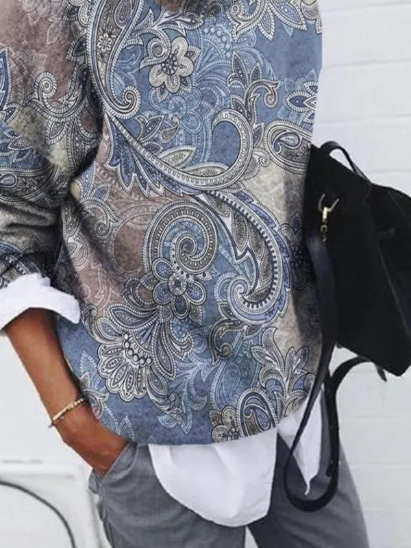 Casual Paisley Crew Neck Long Sleeve Loose Sweater