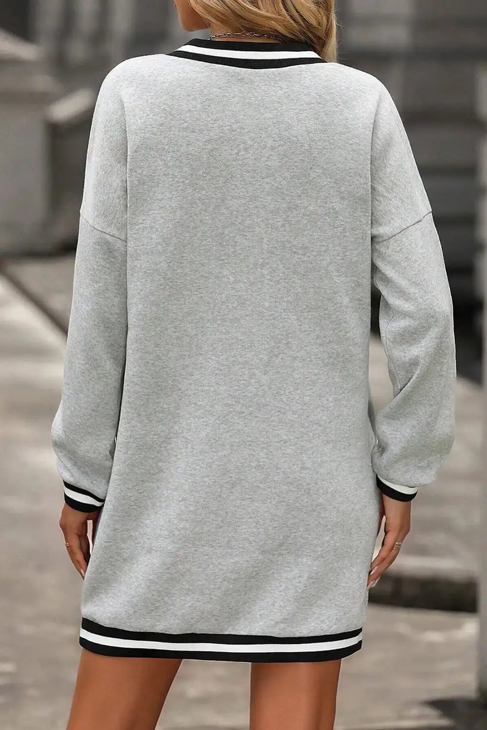 Light Striped Trim V Neck Long Sleeve Preppy T Shirt Dress