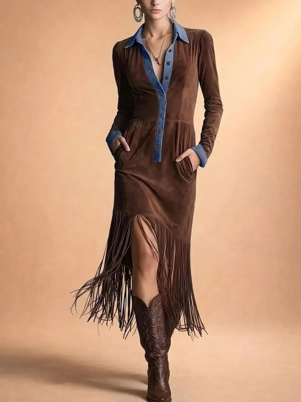 Advanced Retro Suede Leather, Women's Fringed Pleated Dress, Desert Road Travel Set