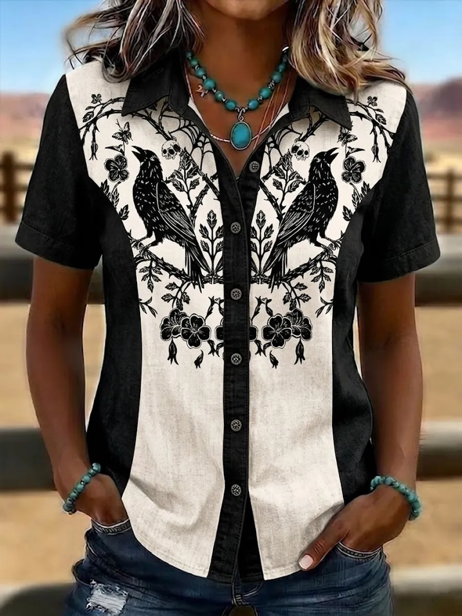 Women'S Retro Western-Style Print Short-Sleeved Shirt