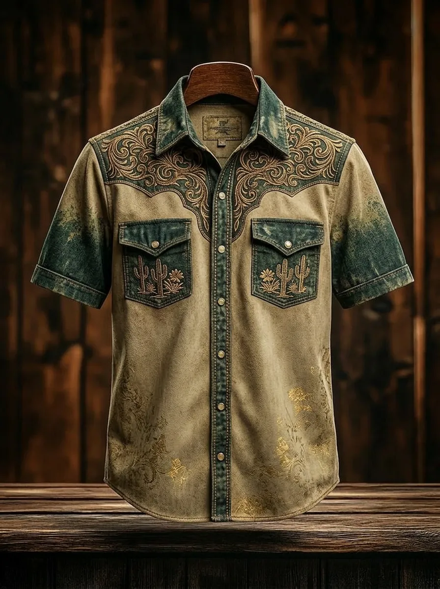 Men's Western Cowboy Cactus Floral Embroidered Printed Shirt