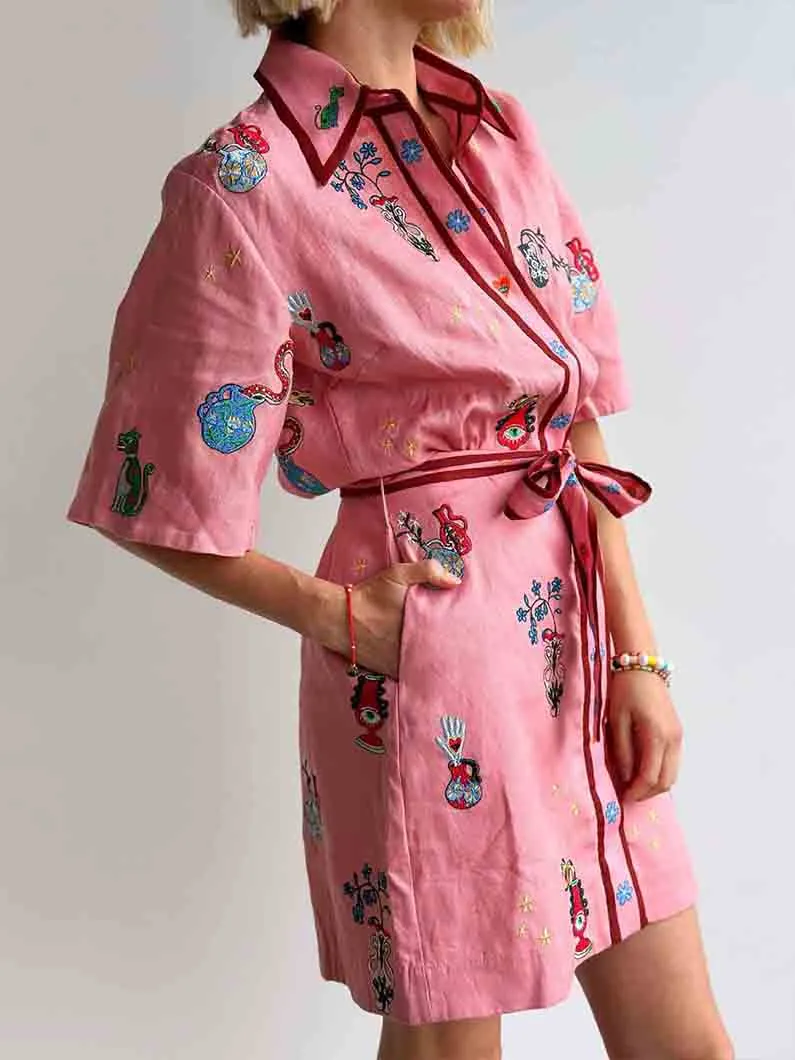 Casual Printed Shirt Collar Single Mini Dress