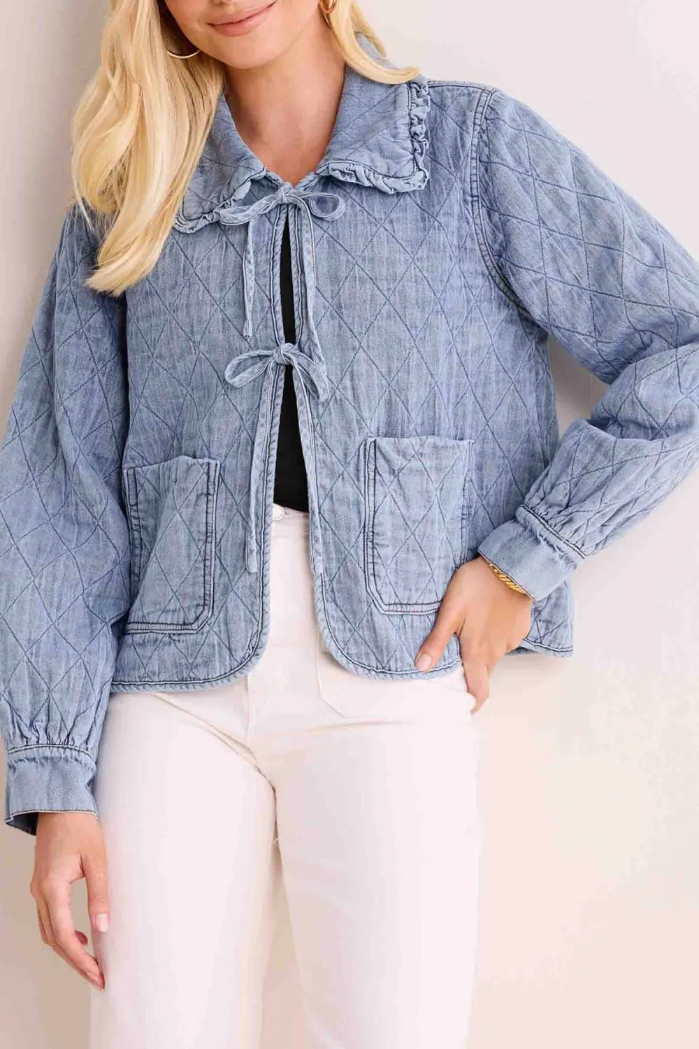 Light Blue Denim Tie-Front Pocketed Cropped Jacket