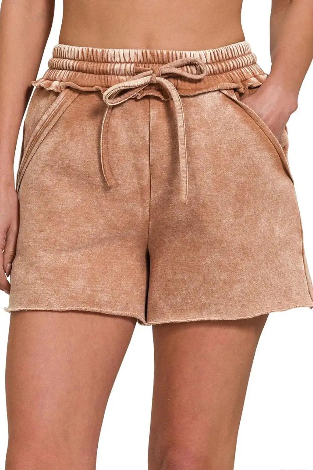 Polished Acid Wash Fleece Drawstring Shorts with Pockets