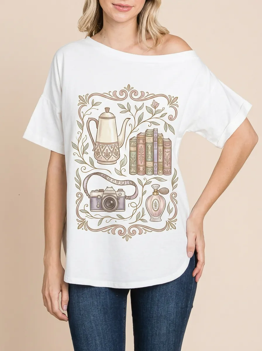 Women's Vintage Aesthetic Book Camera Teapot Printed T-shirt