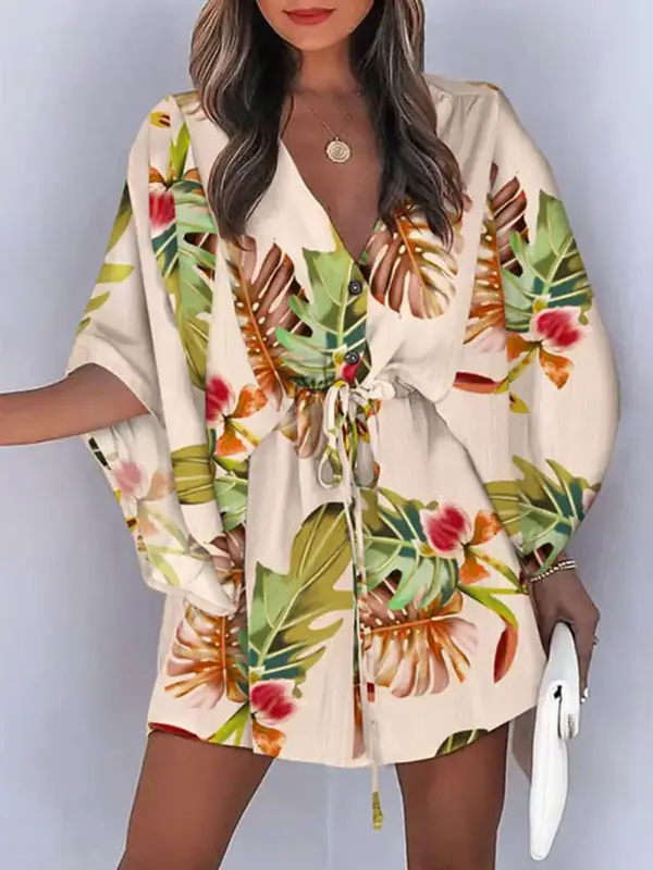 Neck Tie Printed Batwing Sleeve Mini Dress