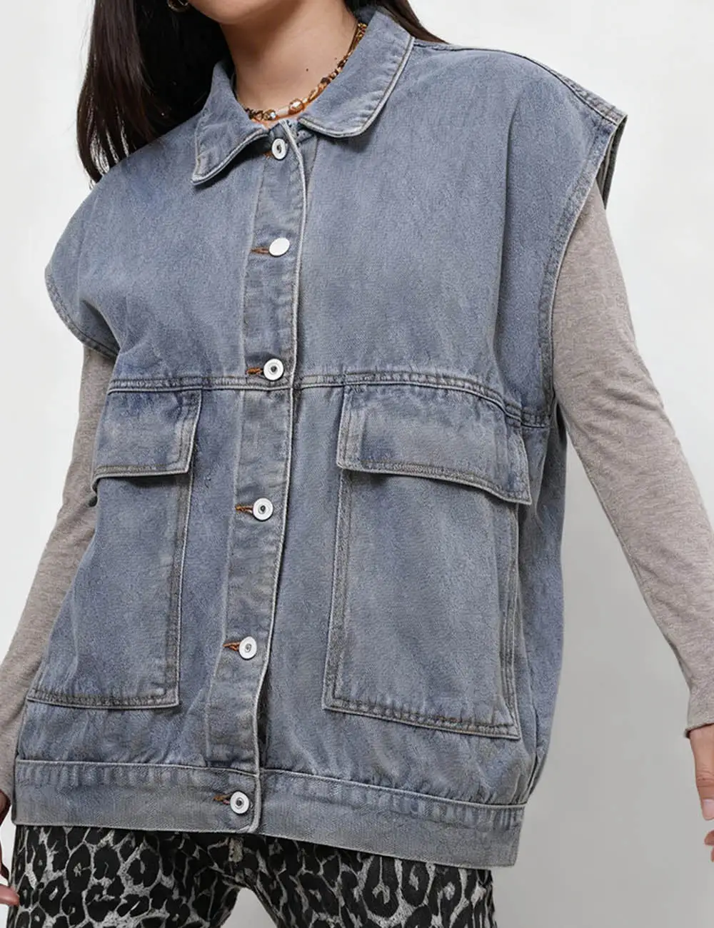 Button Front Turndown Collar Sleeveless Denim Vest