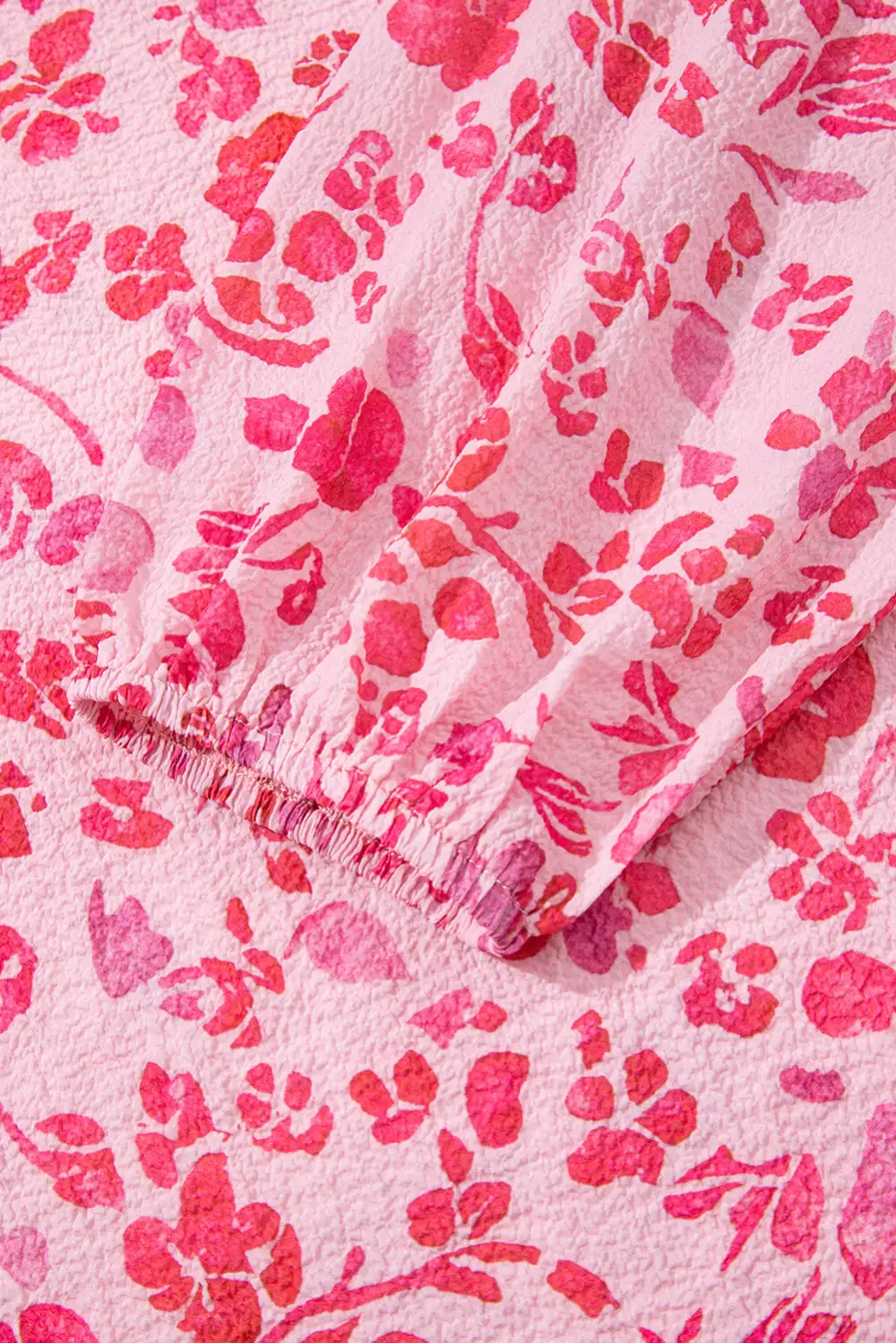 Pink Floral Puff Sleeve Split Neck Lightweight Blouse