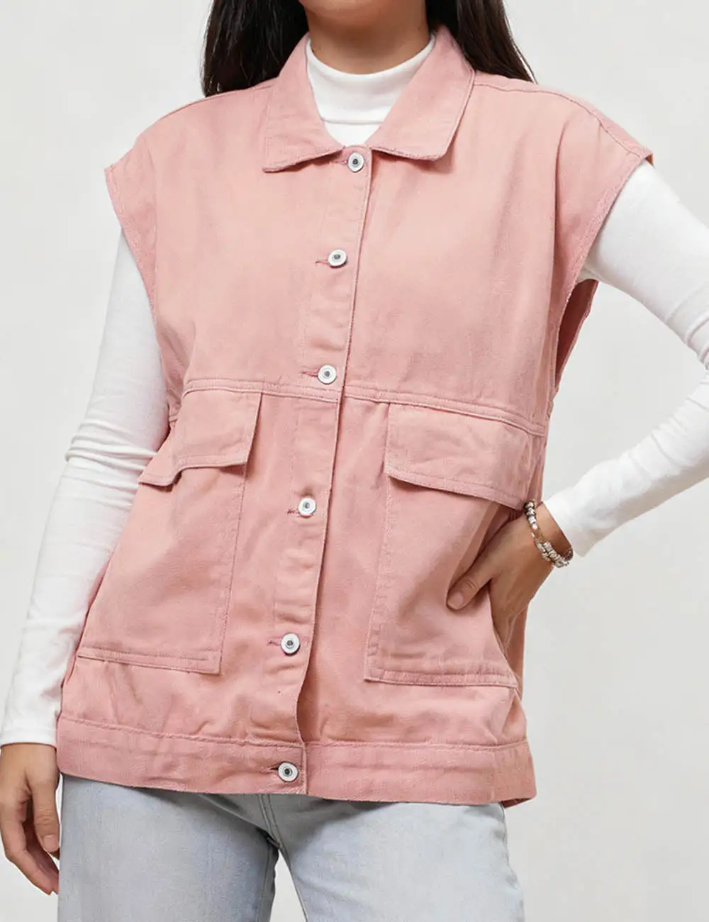 Button Front Turndown Collar Sleeveless Denim Vest