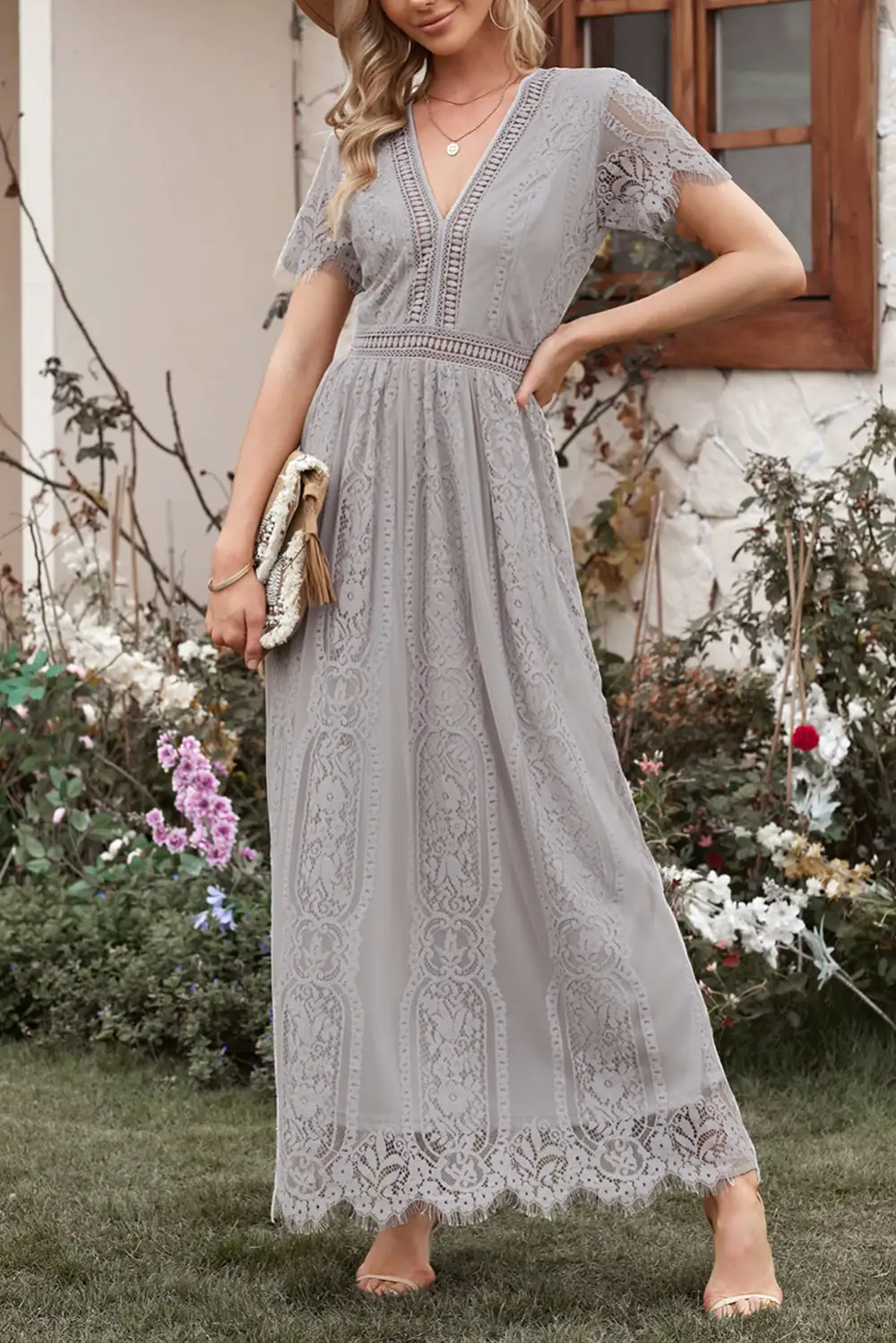 V-Neck Lace Maxi Dress