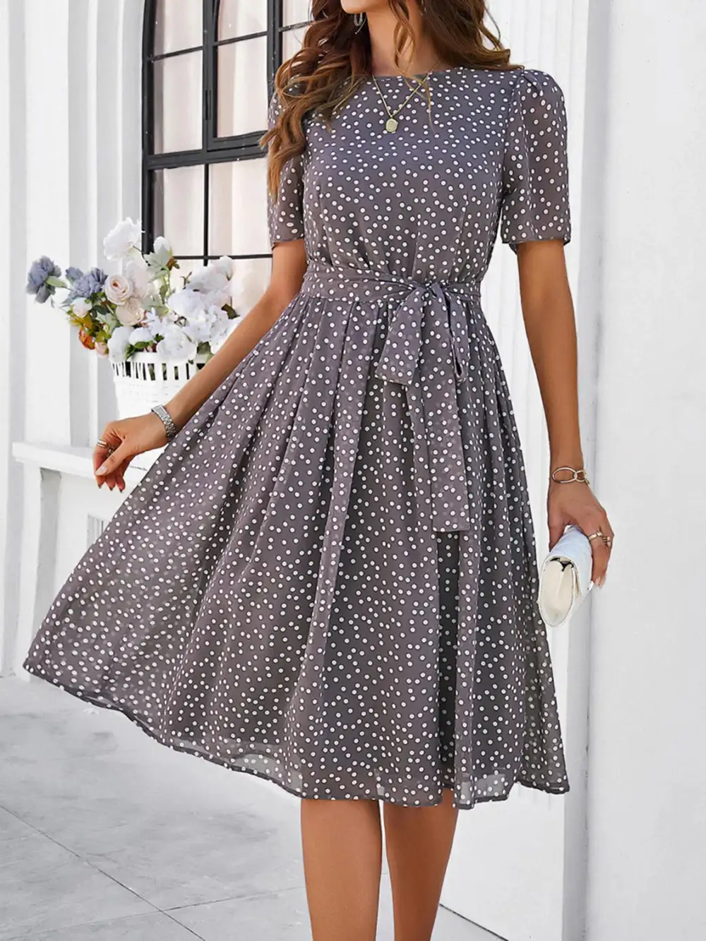 Printed Round Neck Short Sleeve Casual Dress